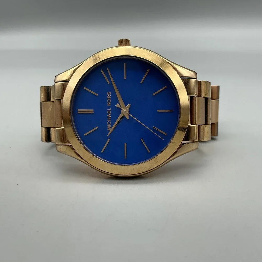 Michael Kors Womens Watch 42mm Blue Dial Gold Tone MK-3494 New Battery 6.5